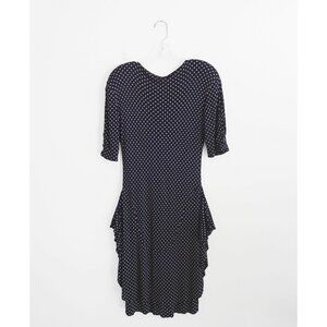 Vtg 70s 80s Jean Muir Dark Navy Blue Beige Polka Dot Ruffle Hem Dress est. Small